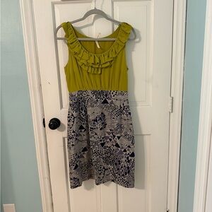 Maeve by Anthropologie Chartreuse Ruffle-Top Dress with Blue Patterned Skirt (8)